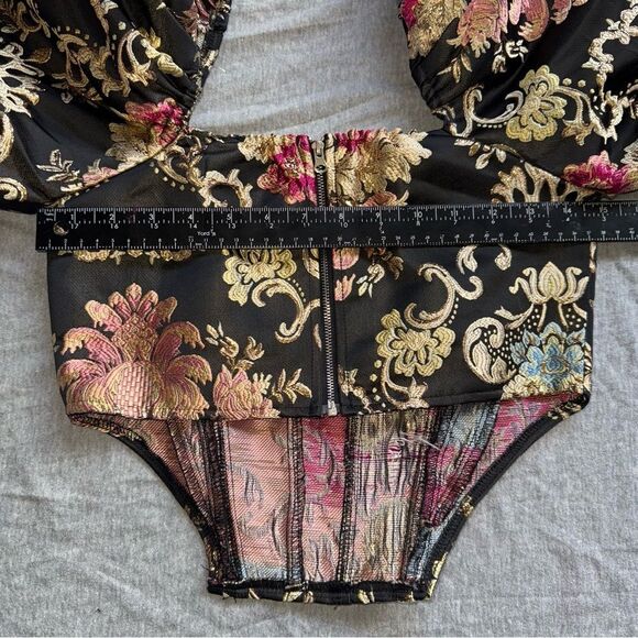 Sz Small Shein Jacquard Black Gold Pink & Blue Cropped Puffy Corset Style Top - Picture 5 of 7